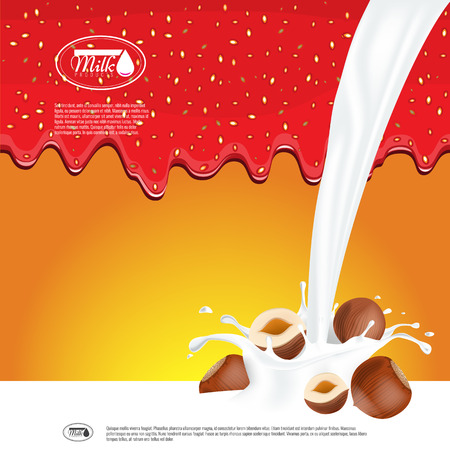 Milk splash and hazelnuts 3d vector object. Vector Ready ad layout template for Organic dairy products.のイラスト素材