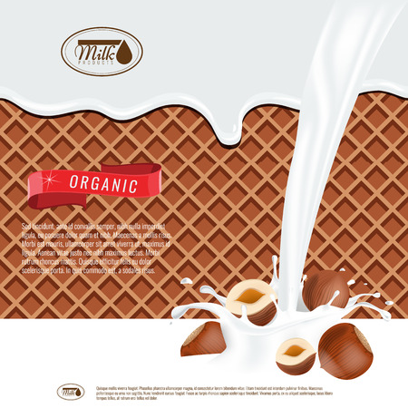 Vector realistic illustration of milk splash with hazelnuts. Milk melting with wafers background. Ready design for ads and package design vector.のイラスト素材