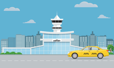 Airport terminal building and yellow taxi. Urban background flat and solid color design.