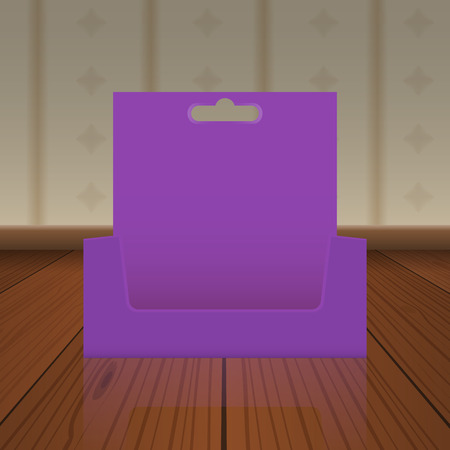 Empty Cardboard or visit card display box with hole to hang up mockup with front viewpoint on wood floor. Vector Realistic drawing.のイラスト素材