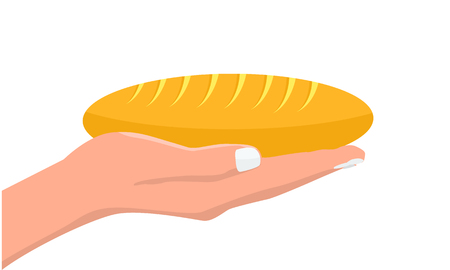Hand holding fresh bread. Vector illustration with flat and solid color style.のイラスト素材