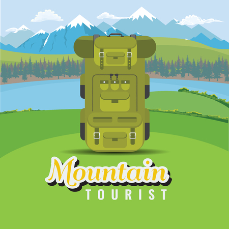 Backpack on hill with mountain and lake landscape. Flat and solid color style vector illustration.のイラスト素材