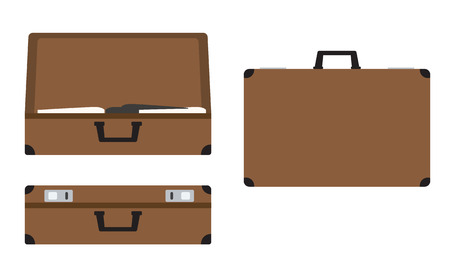 Leather suitcases set open, closed and side view positions. Solid and flat color vector illustration.のイラスト素材