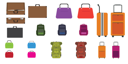 Set of bags. Modern and trendy Travel bag, rucksack, woman bag and other bags with Flat design style. Vector illustration.のイラスト素材