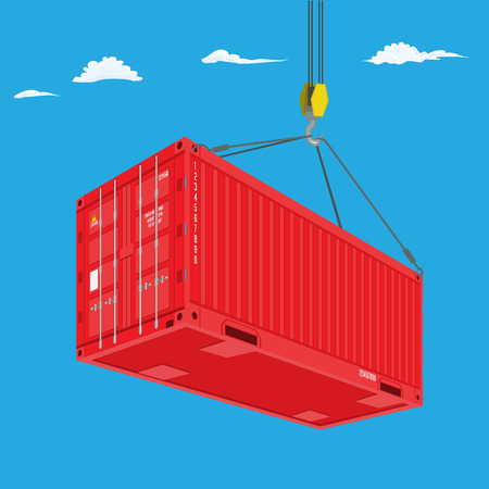 Port crane lifts red container. Perspective view from bottom. Logistics concept flat color vector illustration.のイラスト素材