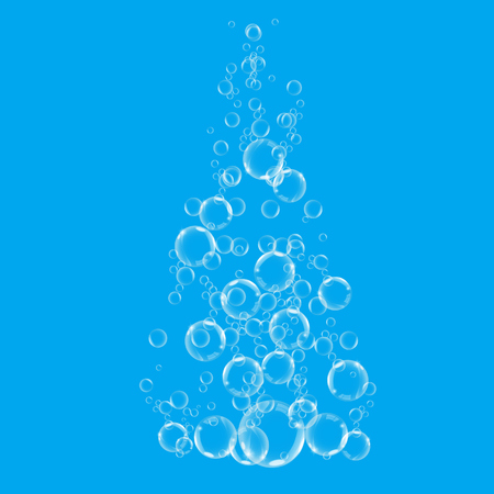 Shiny quality group of bubbles rising from bottom to top. Vector illustration on blue background.のイラスト素材