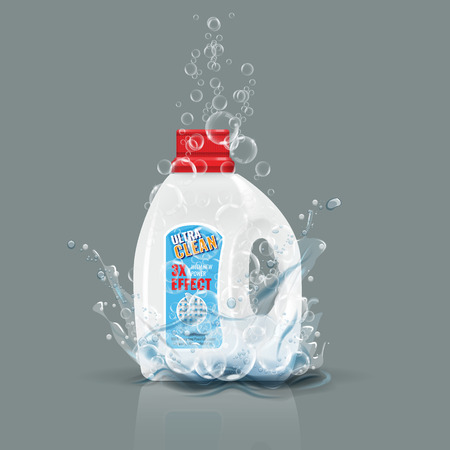 Blue laundry detergent bottle mock up with water splash. High detailed vector illustration.のイラスト素材
