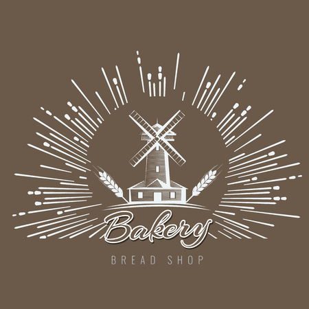 Farm, rural landscape logo or label. Agriculture, agribusiness, village, mill icon. Vintage vector illustrationのイラスト素材