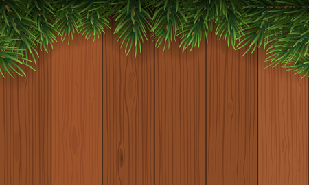 Christmas with fir branch border frame on top of brown wooden background. High detailed Vector illustration for greeting card.のイラスト素材