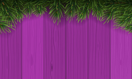 Christmas with fir branch border frame on top of pink wooden background. High detailed Vector illustration for greeting card.のイラスト素材