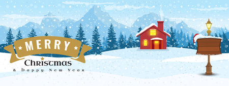 Horizontal Winter Landscape. Happy New year symbol or label with landscape background. Flat and solid color vector Illustration.のイラスト素材