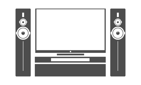 Flat black home cinema tv set with stereo audio subwoofer speaker system. Black color vector illustration.のイラスト素材