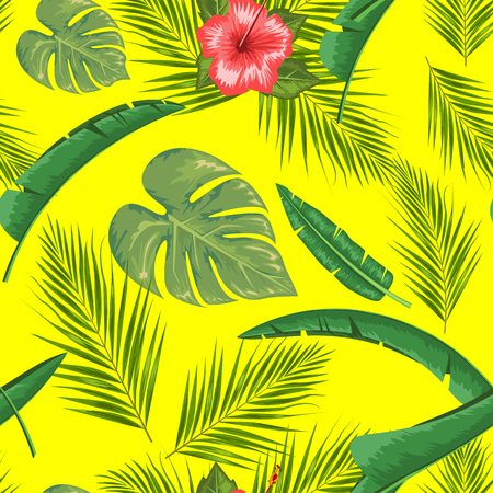 Exotic abstract vector jungle or tropical leaf and flower seamless pattern. Water color style vector illustration. Green leaf and yellow background.のイラスト素材