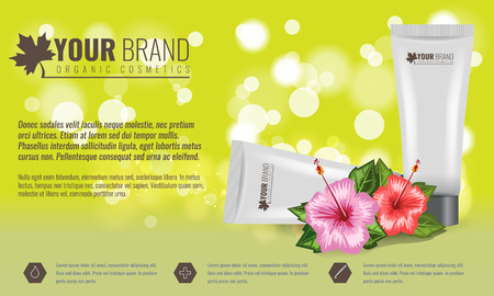 Beautiful hydrating facial cream cosmetic ads template with tropical flower and leaf. Bokeh effect vector illustration.のイラスト素材