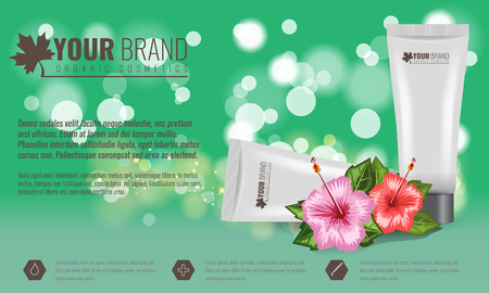 Beautiful hydrating facial cream cosmetic ads template with tropical flower and leaf. Bokeh effect vector illustration.のイラスト素材