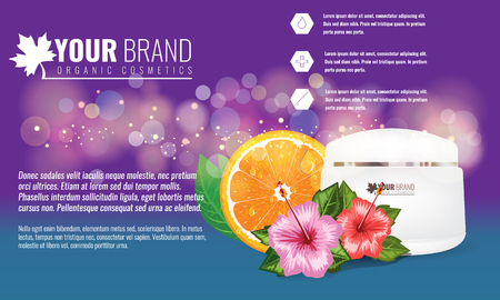 Beautiful hydrating facial cream with tropic flower and leaf mock up. Cosmetic advertisement template. High detailed vector illustration.のイラスト素材