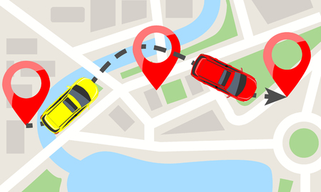 Cars with top view on city map and red pins. Car moving on dotted line trail. Flat color style Vector illustration.のイラスト素材