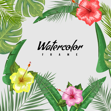Tropical backdrop with frame or border made of tropical exotic foliage and leaves and place for text. Flat watercolor vector illustration.のイラスト素材
