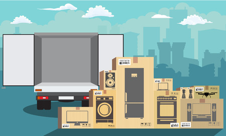 Delivery service. Delivery truck over cityscape with stack of carton boxes. Flat and solid color style, vector illustration.のイラスト素材