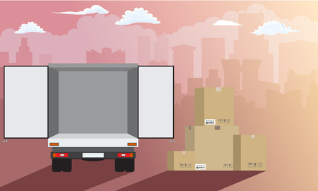 Delivery service. Delivery truck over cityscape with stack of carton boxes rear view. Flat and solid color style, vector illustration.のイラスト素材