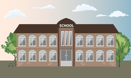 School building front view exterior with trees. Flat and solid color style vector illustration.のイラスト素材