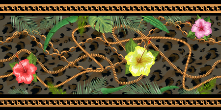 Horizontal chains seamless with tropical flowers and leopard skin. Horizontal seamless border. Vector illustration.のイラスト素材