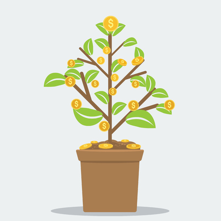 Successful investment concept with home plant in flower pot and dollar symbol coins. Flat and solid color vector illustration.のイラスト素材