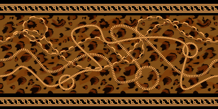 Horizontal Seamless Chain Pattern with leopard skin texture. Gold color design with abstract geometrical border. Flat and solid color vector illustration.のイラスト素材