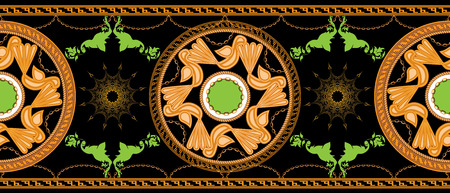 Horizontal seamless with Golden baroque and round ornament elements black color. Bird symbol. High detailed Vector illustration.のイラスト素材