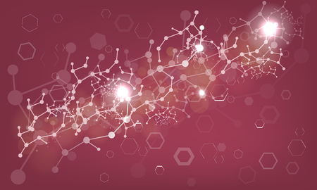 DNA molecule chemical chains and shapes. Medical or chemical abstract background. Illustrated vector. Red color.のイラスト素材