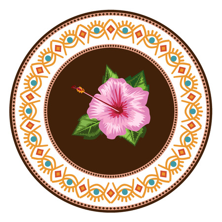 Decorative plate with round ornament in ethnic tribal symbols style. Floral mandala Geometric design. Vector illustration.のイラスト素材