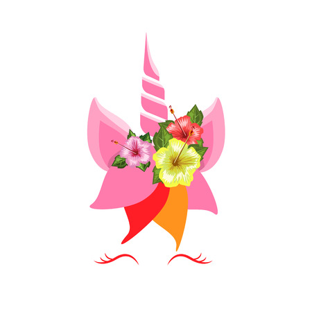 Cute floral unicorn with eyelash and horn. Cartoon style filters for social media application. Flat color style vector illustration.のイラスト素材