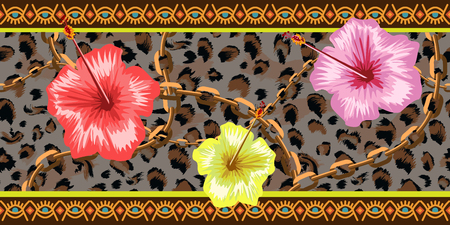 Horizontal chains seamless with tropical flowers and leopard skin. Horizontal seamless border. Trendy vector illustration.のイラスト素材