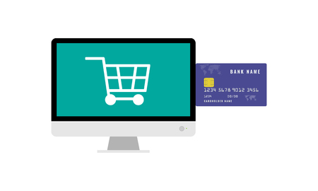 Big monitor, shopping cart and credit card for online shopping concept. Shopping elements for your design. Flat color vector illustration.のイラスト素材