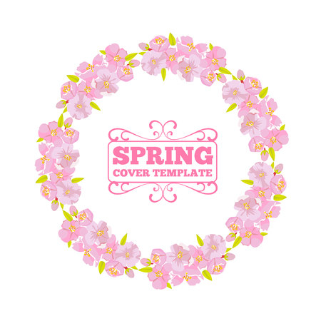 Cherry blossom wreath frame for invitation or greeting car design. Circle or round flower border. Flat and solid color vector illustration.のイラスト素材