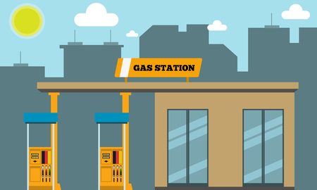 Gas filling station with cityscape silhouette in background. Flat and solid color vector illustration.のイラスト素材