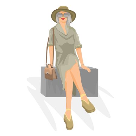 Young woman sits on box. Travel concept for your design. Vector illustration.のイラスト素材