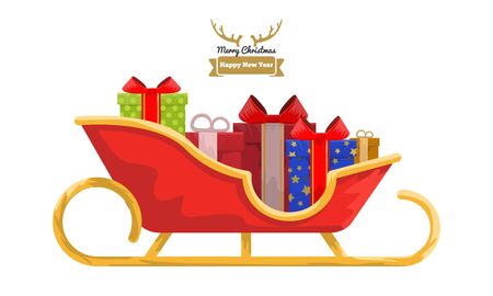 Santa sleigh full of colored gift boxes with cartoon style for your design. Flat and solid color Vector illustration.のイラスト素材