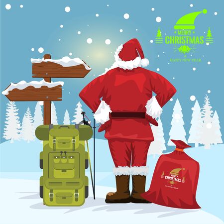 Santa Claus looking at a arrow with winter landscape and snowflakes. Cartoon style flat color vector illustration.のイラスト素材