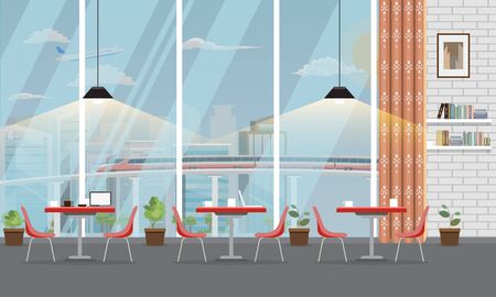 Modern Restaurant or cafe interior with large window and cityscape. Vector illustration.のイラスト素材