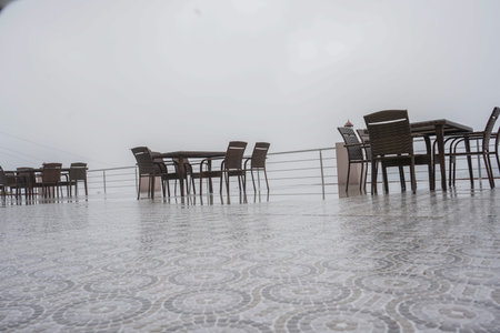 Empty Local Coffee Shop or outdoor restaurant on the mountain with foggy weather.の写真素材