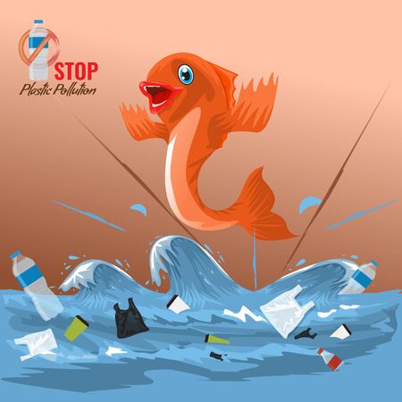 Stop ocean plastic pollution concept with fish character. Plastic garbage bottles in the ocean sea waves for your design. Vector illustration.のイラスト素材