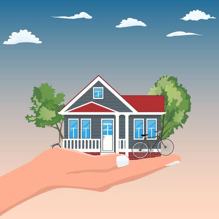 Woman Hand Holding House for real estate offer concept design. Vector illustration.のイラスト素材