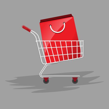 Shopping paper bag in shopping cart. Flat and solid color illustration.のイラスト素材