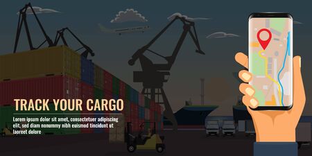 Stacked freight containers at a sea port dock. Hand holding smartphone showing map. Flat Vector illustration.のイラスト素材
