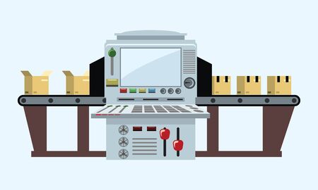 The factory conveyor packing boxes. Conveyor Automatic Production Line with Cardboard Boxes. Vector illustration.のイラスト素材