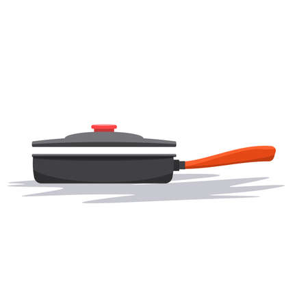 Frying pan with handle and cover. From side view. Flat and solid color vector illustration.のイラスト素材