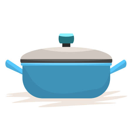 Cooking pot or pan with side view and cover on it. Flat and solid color vector illustration.のイラスト素材