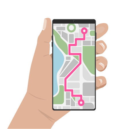Hands holding smartphone with running navigation app. Vector illustrationのイラスト素材