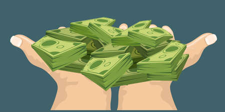 Two Hands showing or holding cash with pay or buying gesture. Finance or bribe concept design. Flat and solid color vector illustration. Front viewのイラスト素材